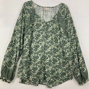 Knox Rose size XL Green Floral V Neck Stretch Soft Comfy Long Sleeve Blouse